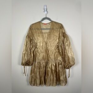 Free People Tara Drop Waist Dress Gold Puff Sleeve Size XS Missing Slip Sheer